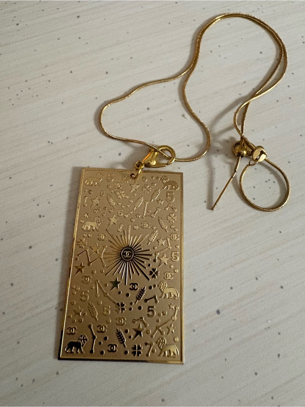 CHANEL Gold Zodiac & Celestial Rectangular Pendant Necklace
